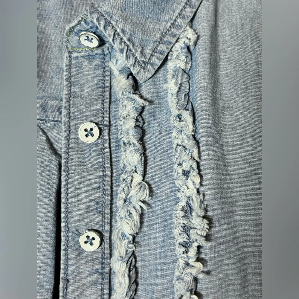 Pilcro by Anthropologie Juni Ruffled Denim Button Down Petite Small 3/4 Sleeve - Picture 7 of 13